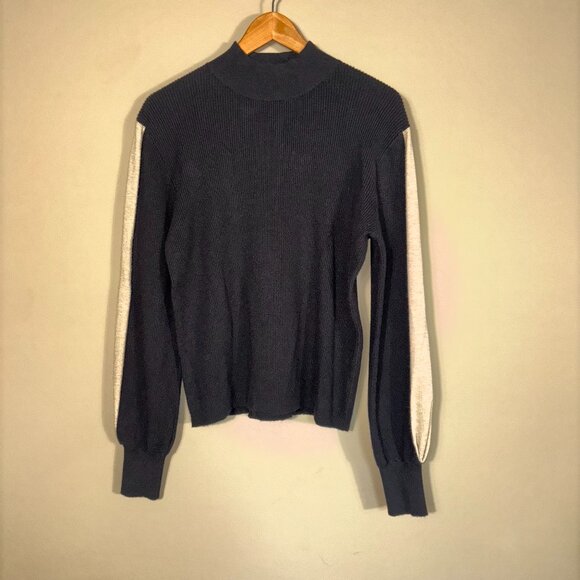 Black Ribbed Sweater, Contrast Stripe Sleeves, Size L - Picture 1 of 11